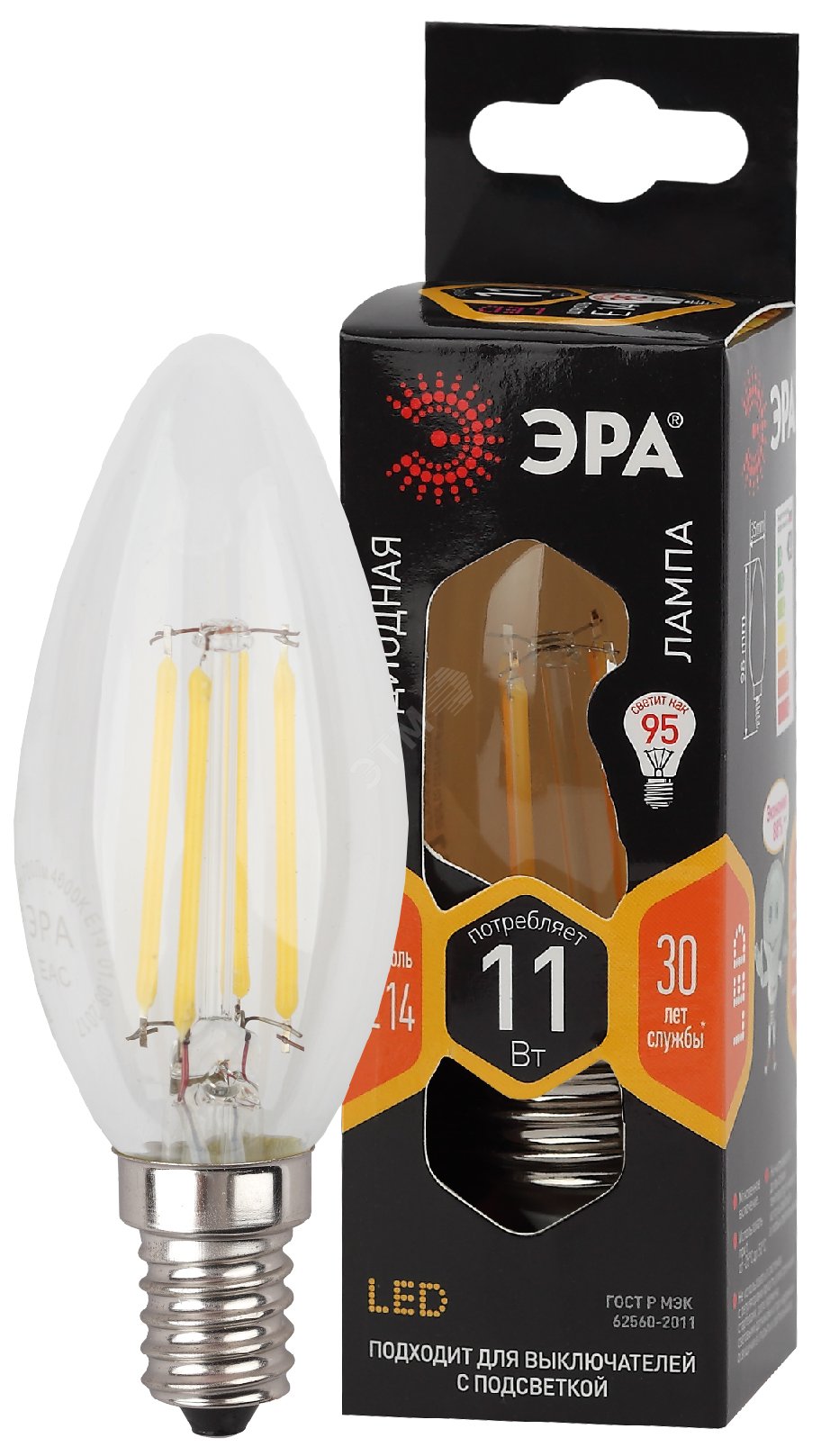 Лампа светодиодная F-LED B35-11w-827-E14 (филамент, свеча, 11Вт, тепл, E14) (10/100/5000)