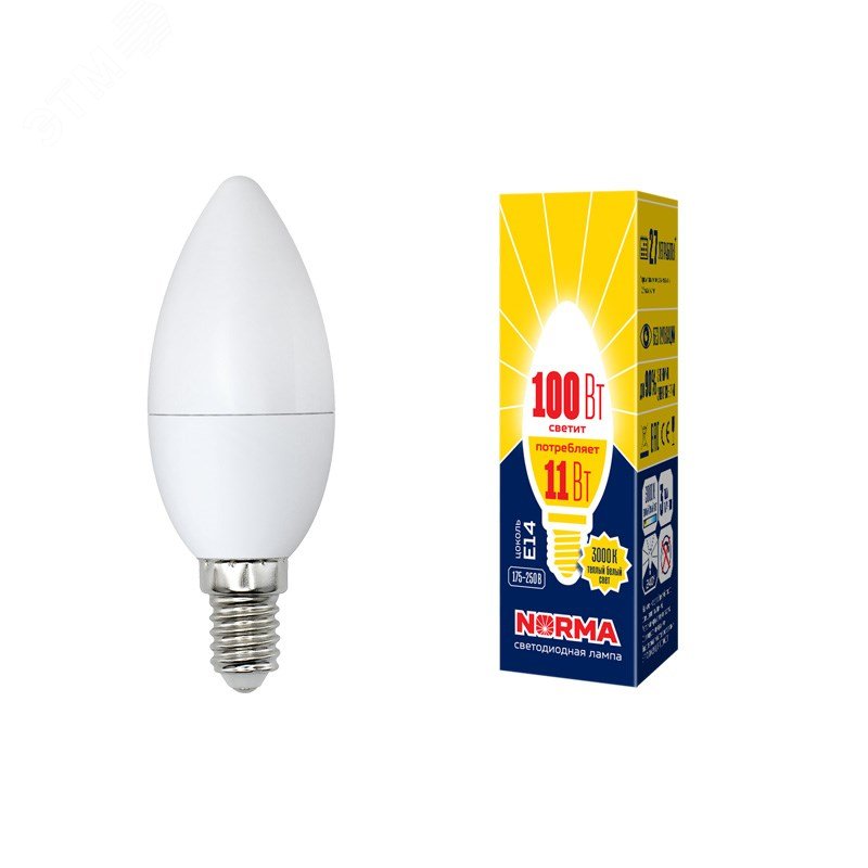 Лампа светодиодная LED-C37-11W/WW/E14/FR/NR Форма свеча, матовая.  Norma. Теплый (3000K).