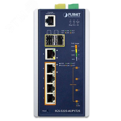 Коммутатор управляемый L2+ PoE 4 порта 10/100/1000 Мб/с, 2хSFP, 1xRS232, 240 Вт