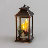 Фонарь декоративный со свечкой и шишкой, бронзовый корпус, размер 14x14x27 см, тёплый белый