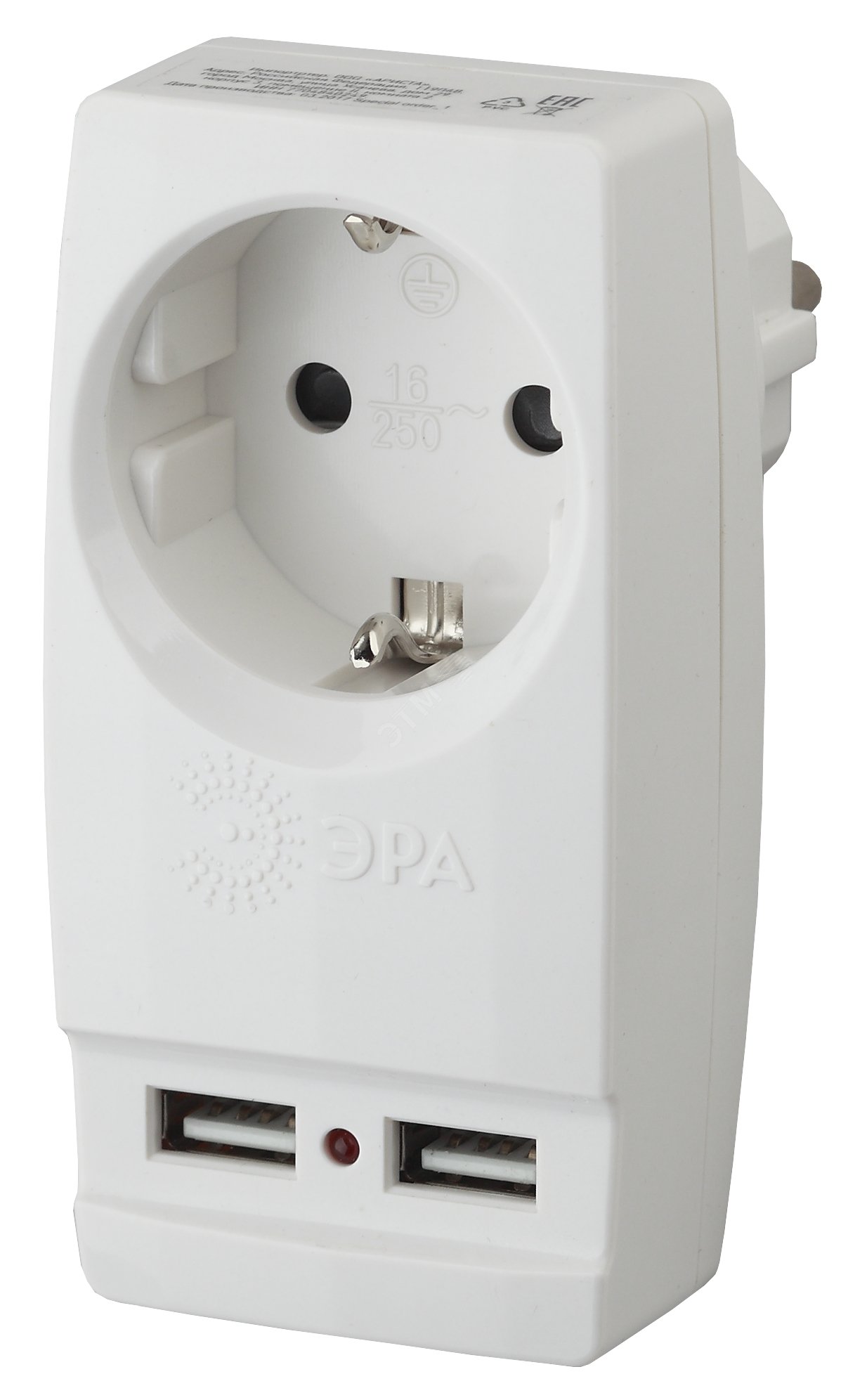 Адаптер ''Polynom'' 1гн 220V + 2xUSB 2100mA, c заземл, (белый) (10/60/1440) SP-1e-USB-W''