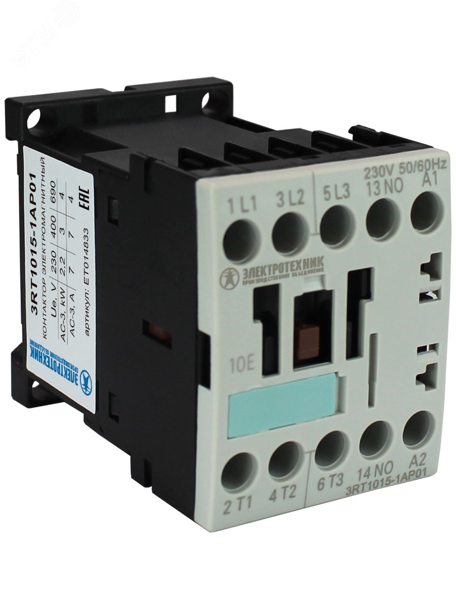 Контактор электромагнитный 3RT1015-1AP01, 3-пол., 7А, AC-3, 3кВт/400V, 1НО, 230V АС, 50/60Гц, типоразмер S00, винтовые клеммы, IP20