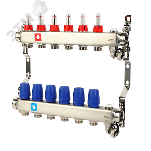 Коллекторная группа с расходомерами 1' х 6 выходов 3/4' НР евроконус с дренажным краном и воздухоотводчиком