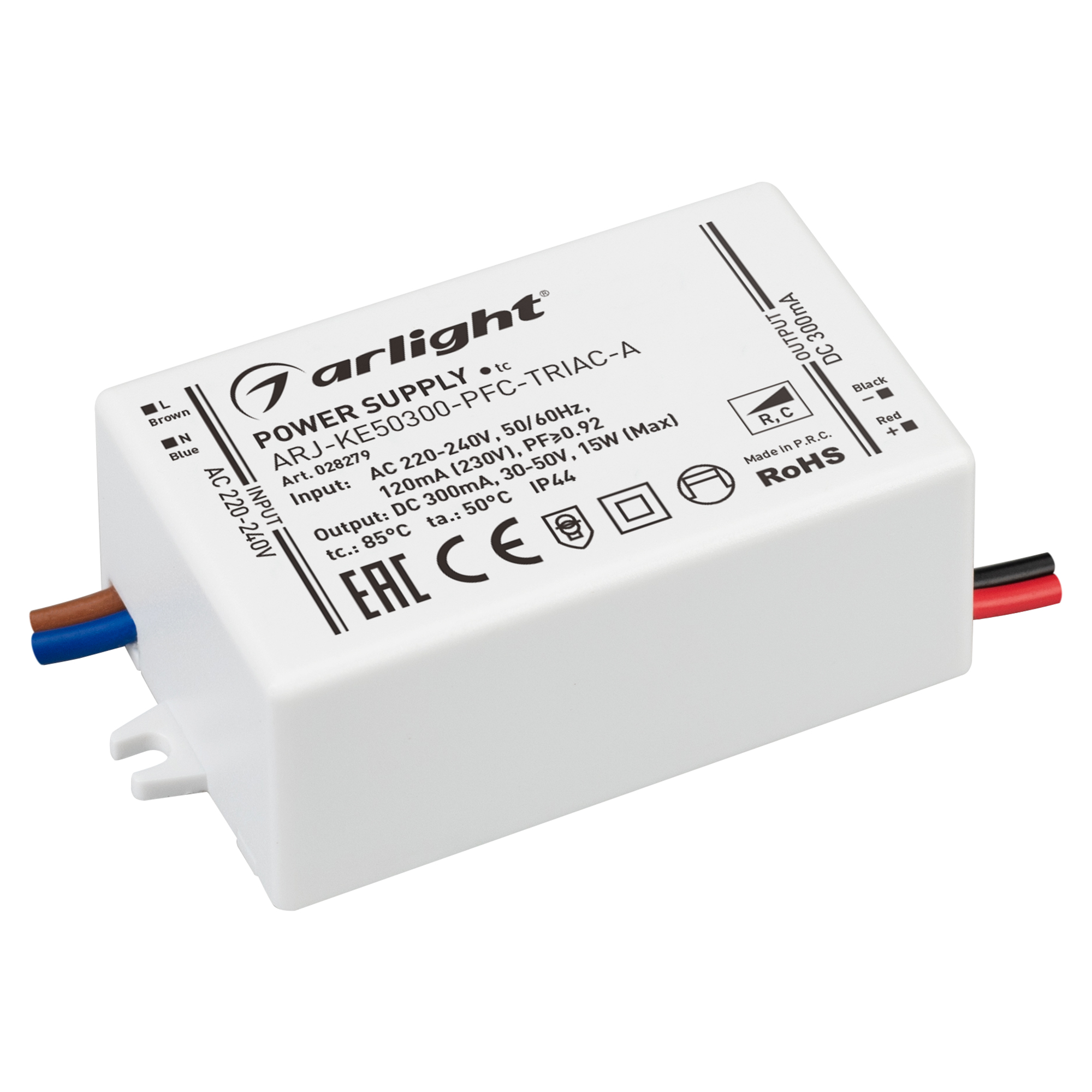 Блок питания ARJ-KE50300-PFC-TRIAC-A (15W, 300mA) (ARL, IP44 Пластик, 5 лет)