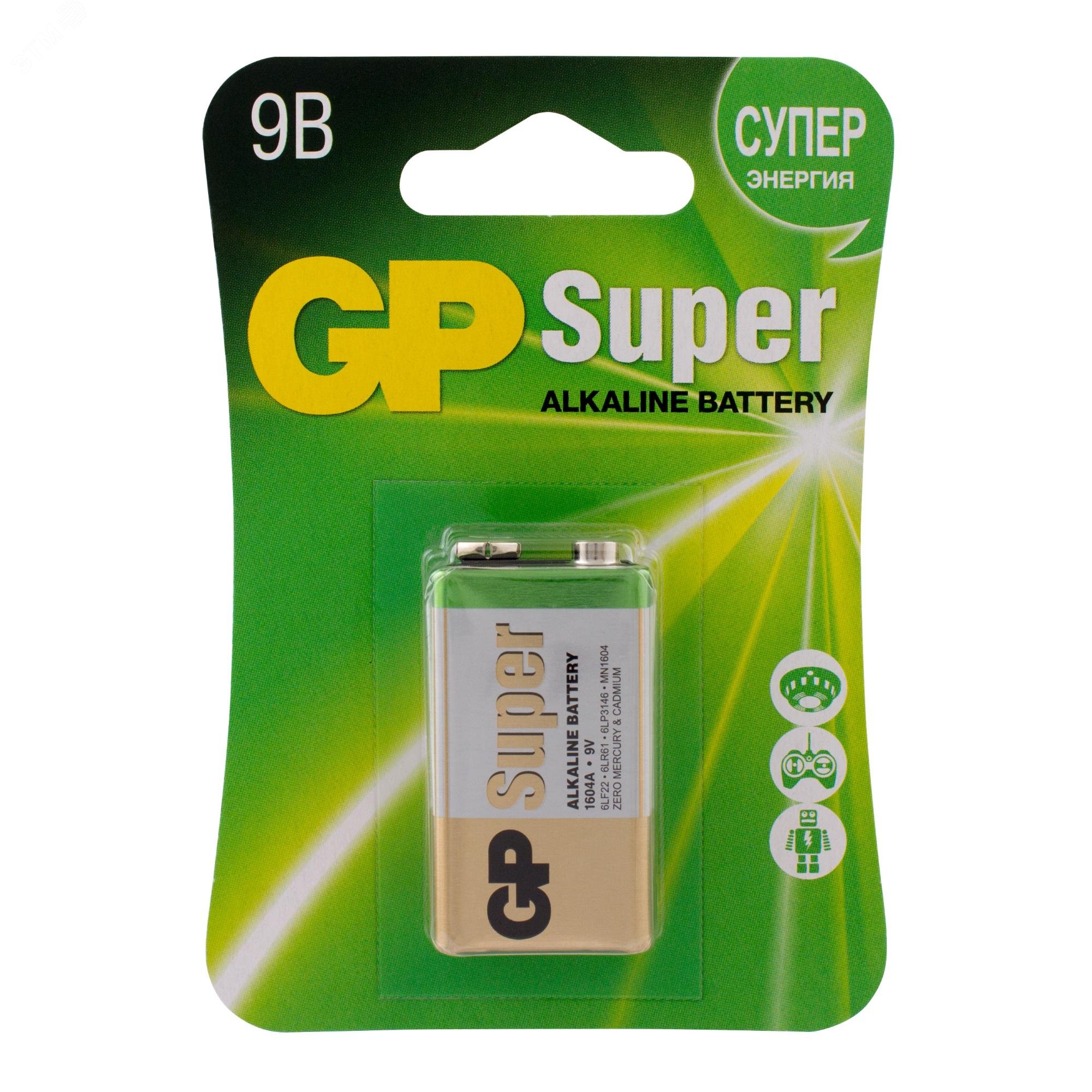 Батарейка алкалиновая GP Super Alkaline 9V Крона - 1 шт. на блистере