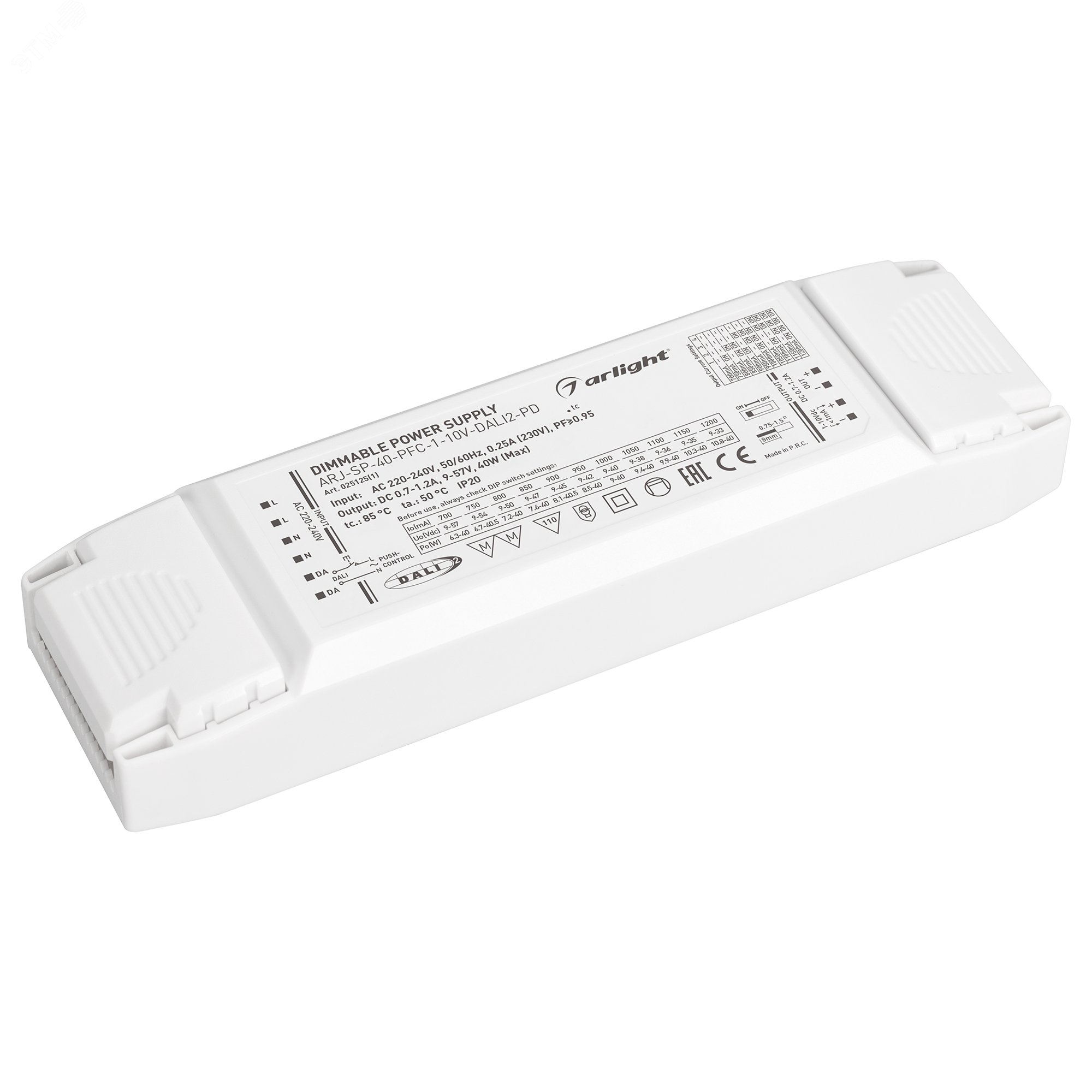 Блок питания ARJ-SP-40-PFC-1-10V-DALI2-PD (40W, 700-1200mA) (IP20 Пластик, 5 лет)