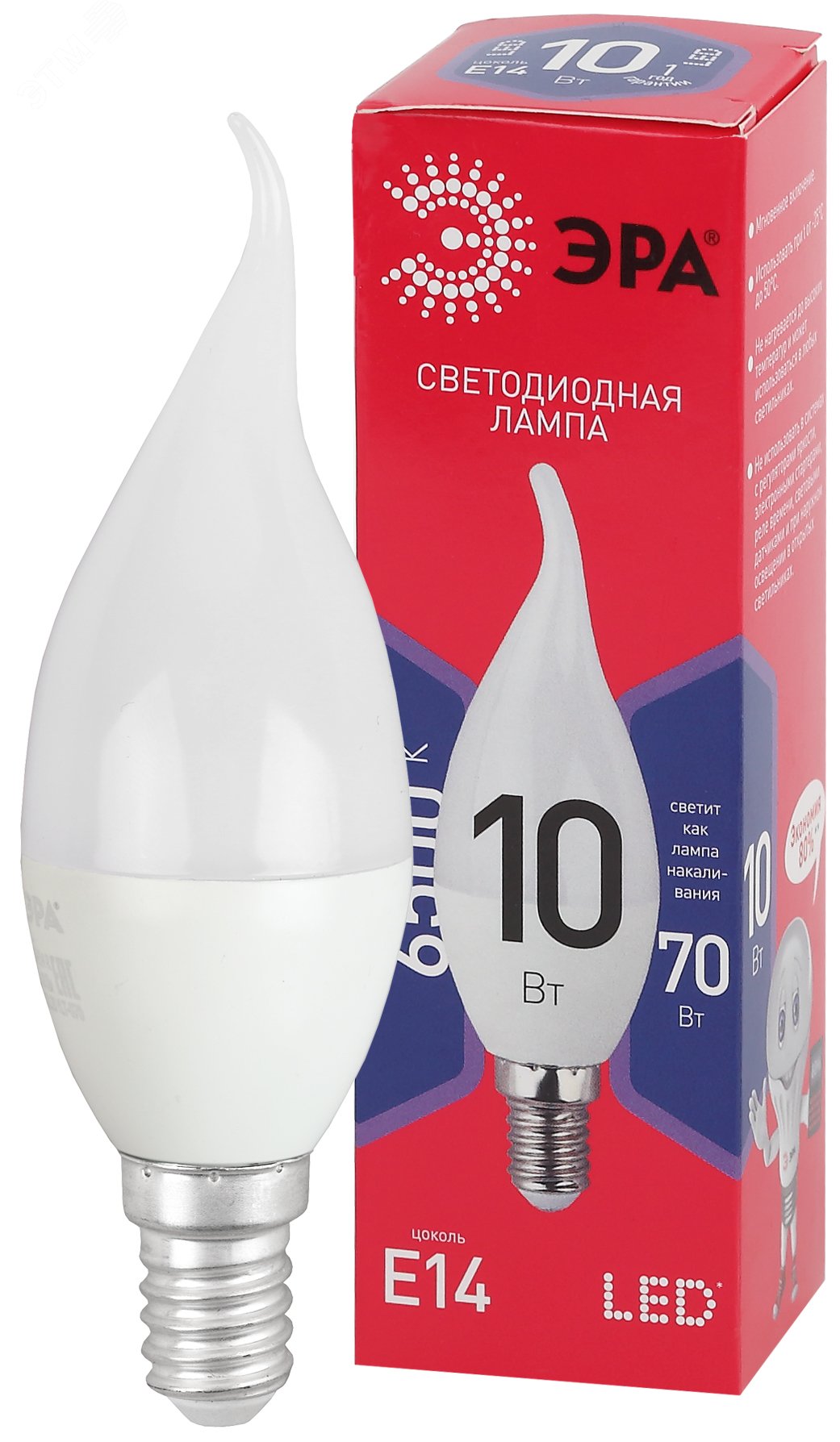 Лампа светодиодная LED BXS-10W-865-E14 R (диод, свеча на ветру, 10Вт, хол, E14) (10/100/2800)