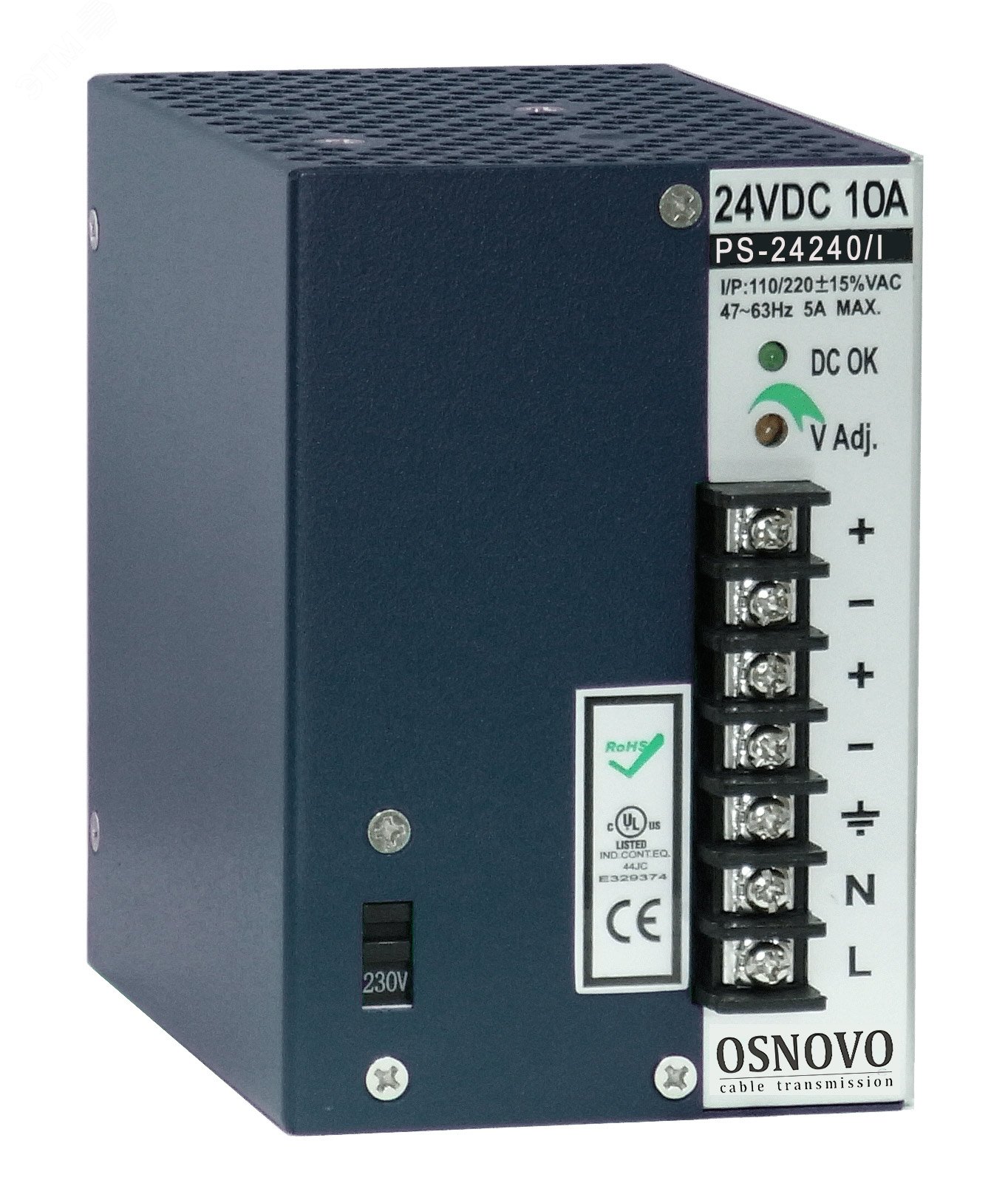 Блок питания промышленный. DC24V, 10A(240W). Диапазон входных напряжений AC115, 230V. КПД 82%.