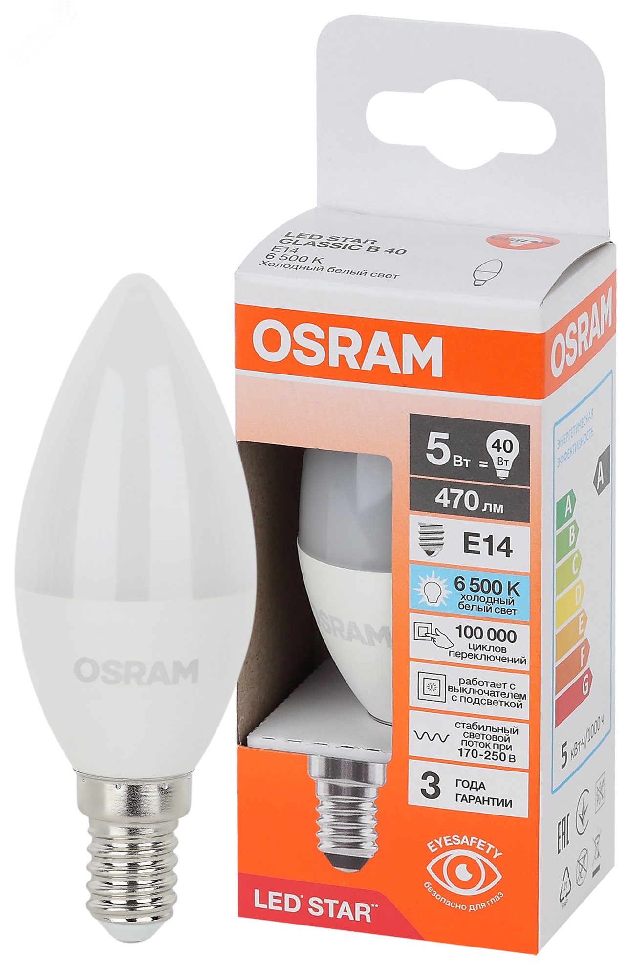Лампа светодиодная LED Star Свеча 5Вт (замена 40Вт), 470Лм, 6500К, цоколь E14 OSRAM