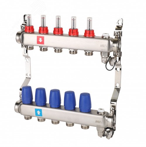 Коллекторная группа с расходомерами 1' х 5 выходов 3/4' НР евроконус с дренажным краном и воздухоотводчиком