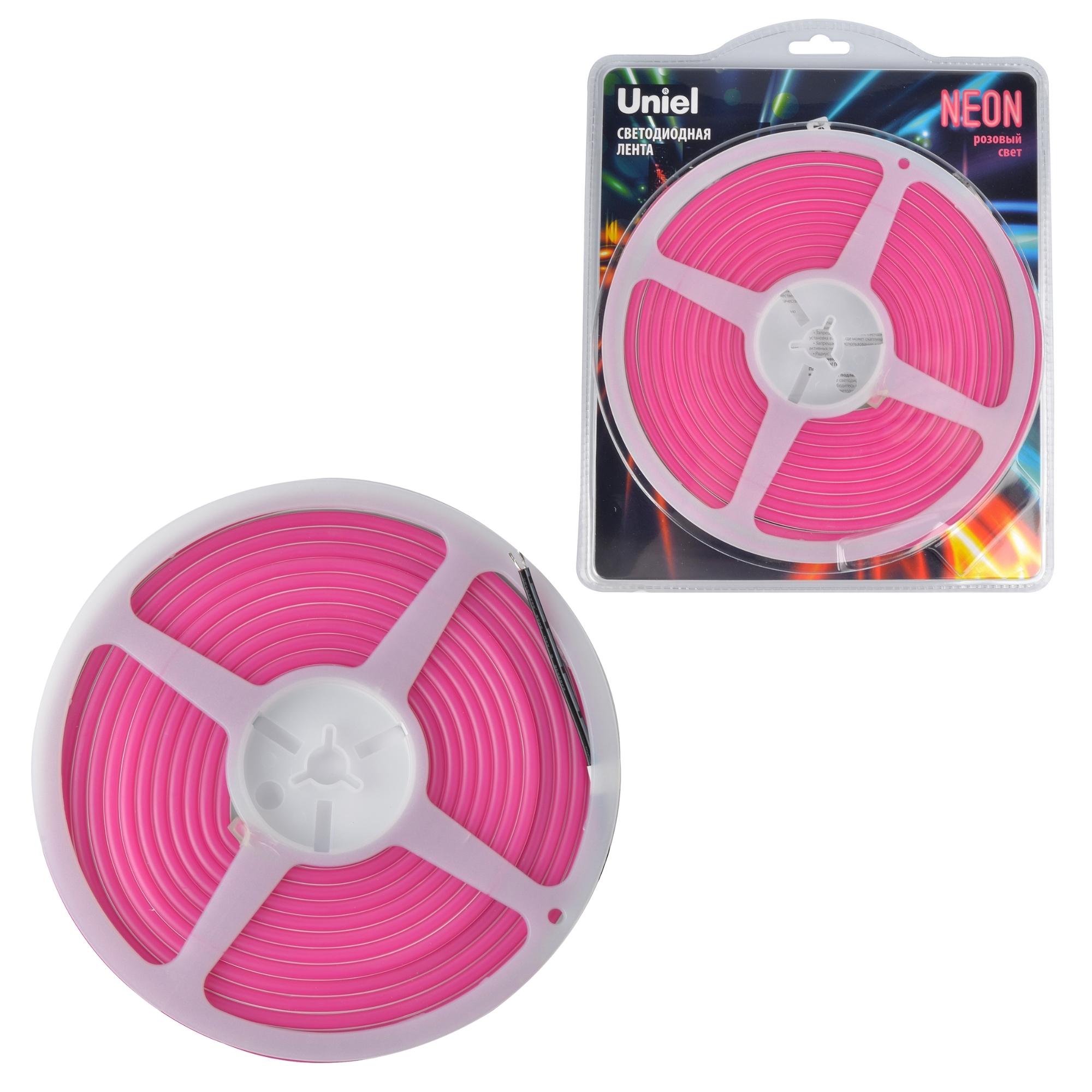 Лента гибкая светодиодная. NEON ULS-N01-2835-120LED/m-6мм-IP67-DC12V-9W/m-5м-PINK катушка 5м в блистере розовый свет