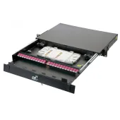 Панель коммутационная 19 1U выдвижная корпус 24 адаптера укомплектованная: адаптеры 8x duplex LC OM4 + пигтейлы LC/PC + сплайс-кассета + КДЗС 50/125 OM4
