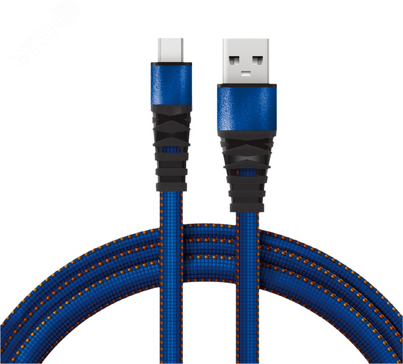 Кабель USB-microUSB 1 м, плоский провод, синяя джинсовая оплетка, 18-1163,