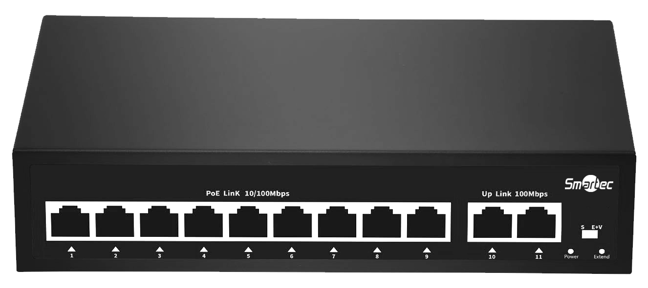 Коммутатор неуправляемый,  9 RJ-45 POE портов, 2 RJ-45 Uplink