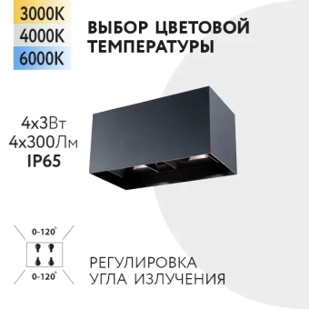 4x3W/3000+4000+6000K IP65 4x300Lm Чёрный - Светодиодный настенный светильник FL-LED WallBeam-H FOTON LIGHTING