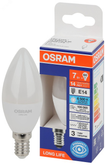 Лампа светодиодная LED 7Вт Е14 6500К 600Лм свеча 220В (замена 60Вт) OSRAM