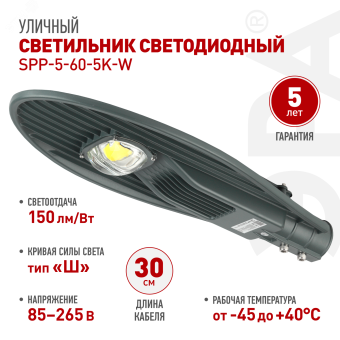 Светильник светодиодный уличный консольный ДКУ-60 Вт SPP-5-60-5K-W IP65 60Вт 6600лм 5000К 620x245x70 (КСС ''Ш'') (50)