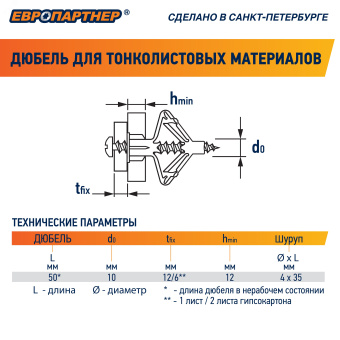 Анкер для тонколистовых материалов PLA 10х50 без  шурупа (100шт)