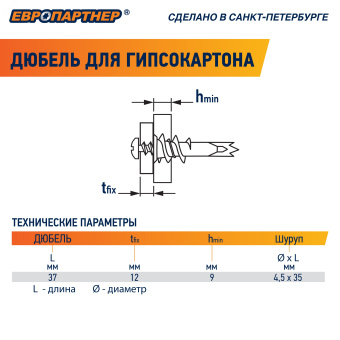 Анкер для двойного гипсокартона усиленный PBAM 14х39 с шурупом (50шт)