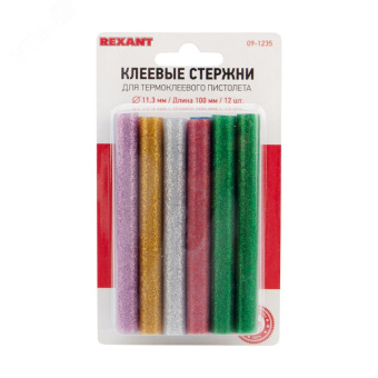 Стержни клеевые диаметр 11 мм, 100 мм, цветные с блестками (упак - 12 шт.)