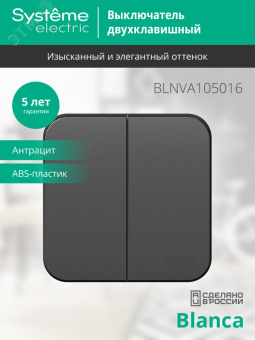 Выключатель BLANCA двухклавишный наружный (схема 5) с изоляционной пластиной 10A 250B антрацит