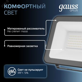Прожектор светодиодный ДО 50 Вт 6500К 6000 лм 175-265В IP65 150х28х185мм Алюминий матрированное закаленное стекло Qplus Gauss