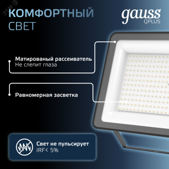 Прожектор светодиодный ДО 200 Вт 6500К 24000 лм 175-265В IP65 290х32х400мм Алюминий матрированное закаленное стекло Qplus Gauss