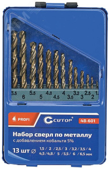Набор сверл по металлу с кобальтом 5% в металлической коробке, 1.5-6.5 мм (через 0.5мм + 3.2мм, 4.8мм), 13 шт, Cutop Profi