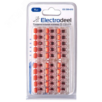 Клемма соединительная  5-контактная (6шт) Elеctrodeel. Диапазон сечений 0,5-6,0 мм2. Номинальный ток/напряжение: 41А/450В. Упаковка: блистер.
