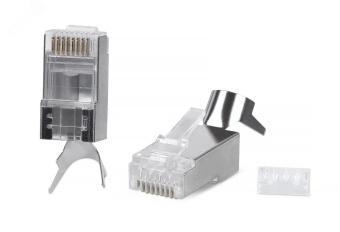 Коннектор RJ-45(8P8C) под витую пару, категория 6, экранированный, универсальный (для одножильного и многожильного кабеля), для проводников с толщиной по изоляции до 1.35 мм, со вставкой